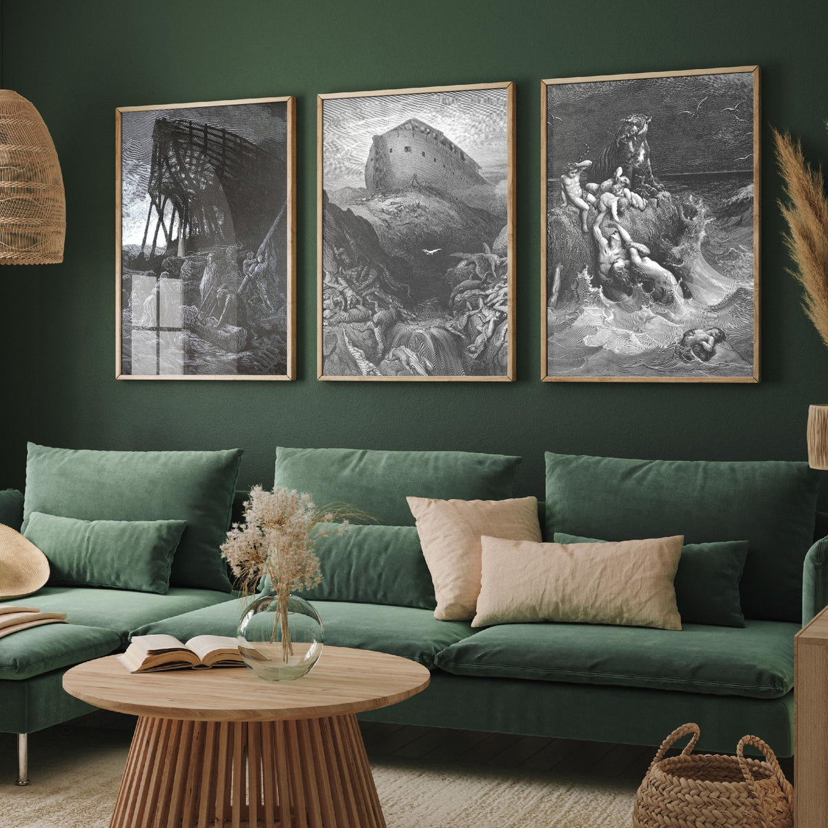 Gustave Dore Set of Three Art Prints - Noahs Ark Dove Deluge - 3 Bible Engraving Posters - Flood Wall Art Gift Giclee Drawing