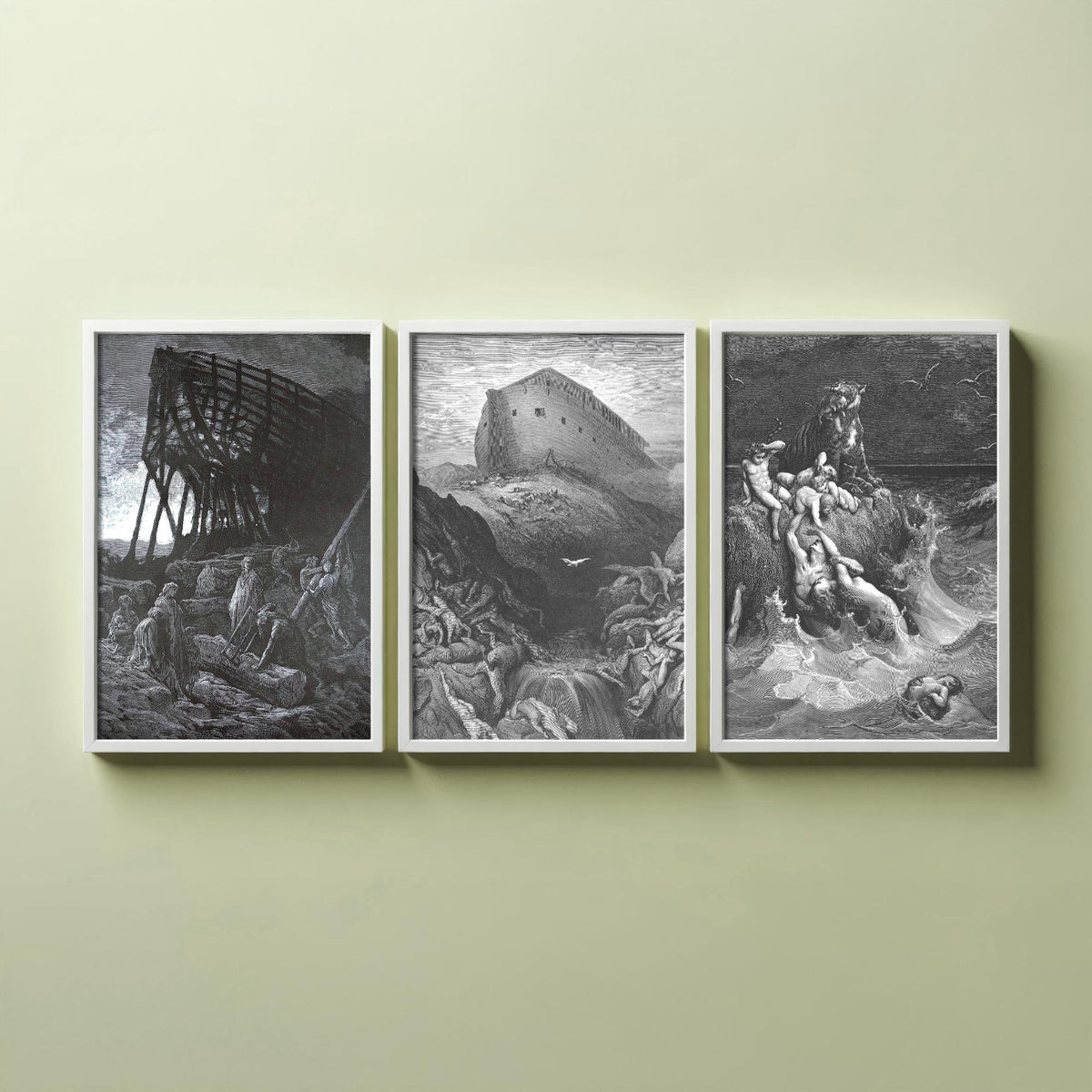Gustave Dore Set of Three Art Prints - Noahs Ark Dove Deluge - 3 Bible Engraving Posters - Flood Wall Art Gift Giclee Drawing