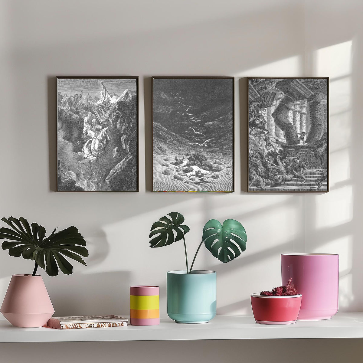 Gustave Dore Set of Three Art Prints - Korah Achan Samson - 3 Bible Engraving Posters - Old Testament Wall Art Gift Giclee Drawing