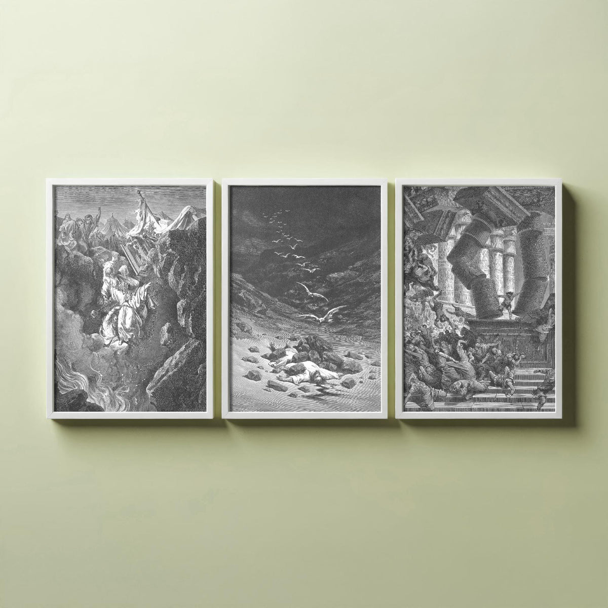 Gustave Dore Set of Three Art Prints - Korah Achan Samson - 3 Bible Engraving Posters - Old Testament Wall Art Gift Giclee Drawing