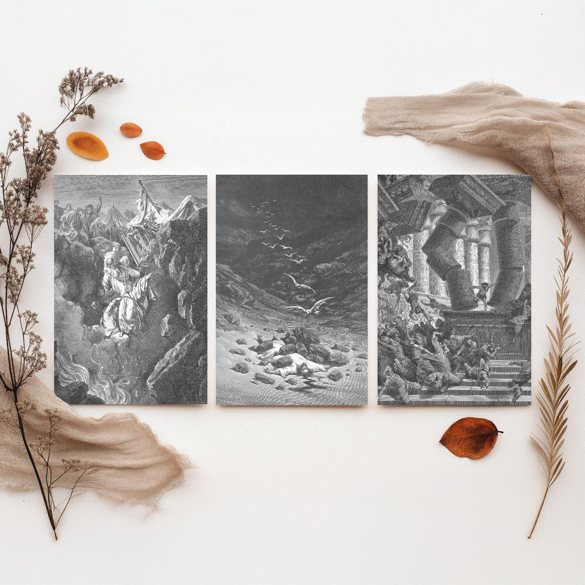 Gustave Dore Set of Three Art Prints - Korah Achan Samson - 3 Bible Engraving Posters - Old Testament Wall Art Gift Giclee Drawing