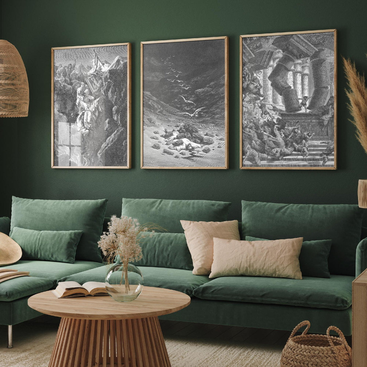 Gustave Dore Set of Three Art Prints - Korah Achan Samson - 3 Bible Engraving Posters - Old Testament Wall Art Gift Giclee Drawing