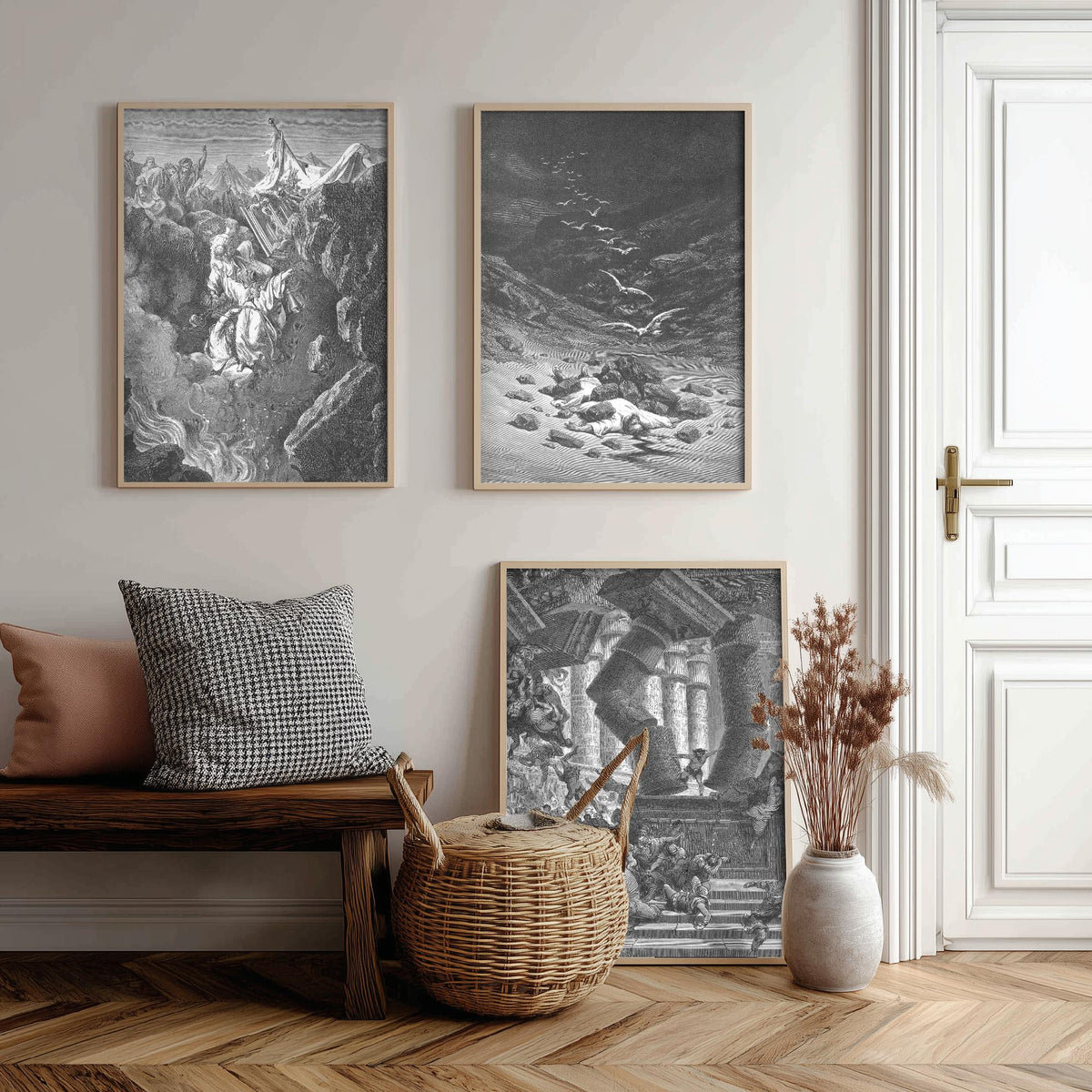 Gustave Dore Set of Three Art Prints - Korah Achan Samson - 3 Bible Engraving Posters - Old Testament Wall Art Gift Giclee Drawing