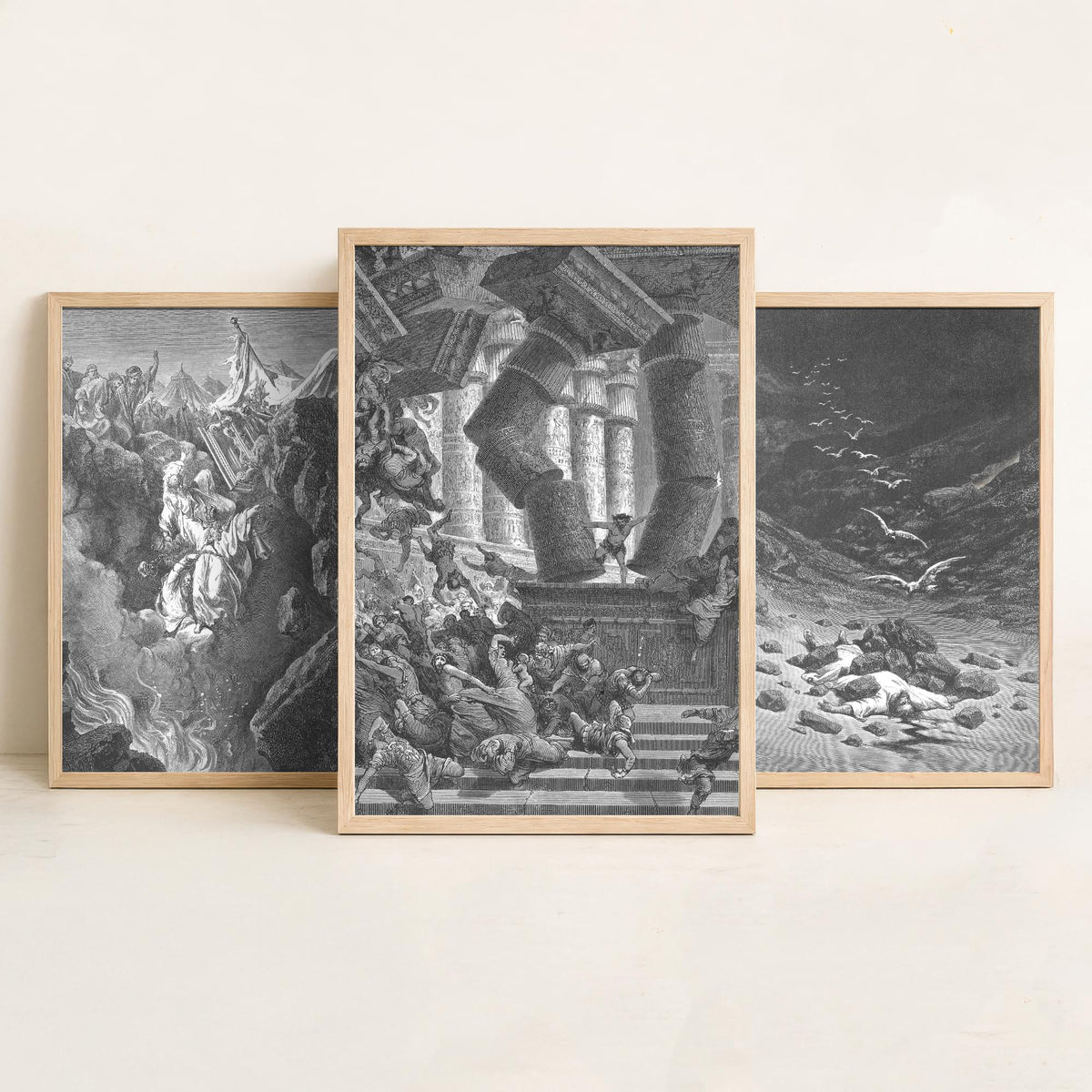 Gustave Dore Set of Three Art Prints - Korah Achan Samson - 3 Bible Engraving Posters - Old Testament Wall Art Gift Giclee Drawing