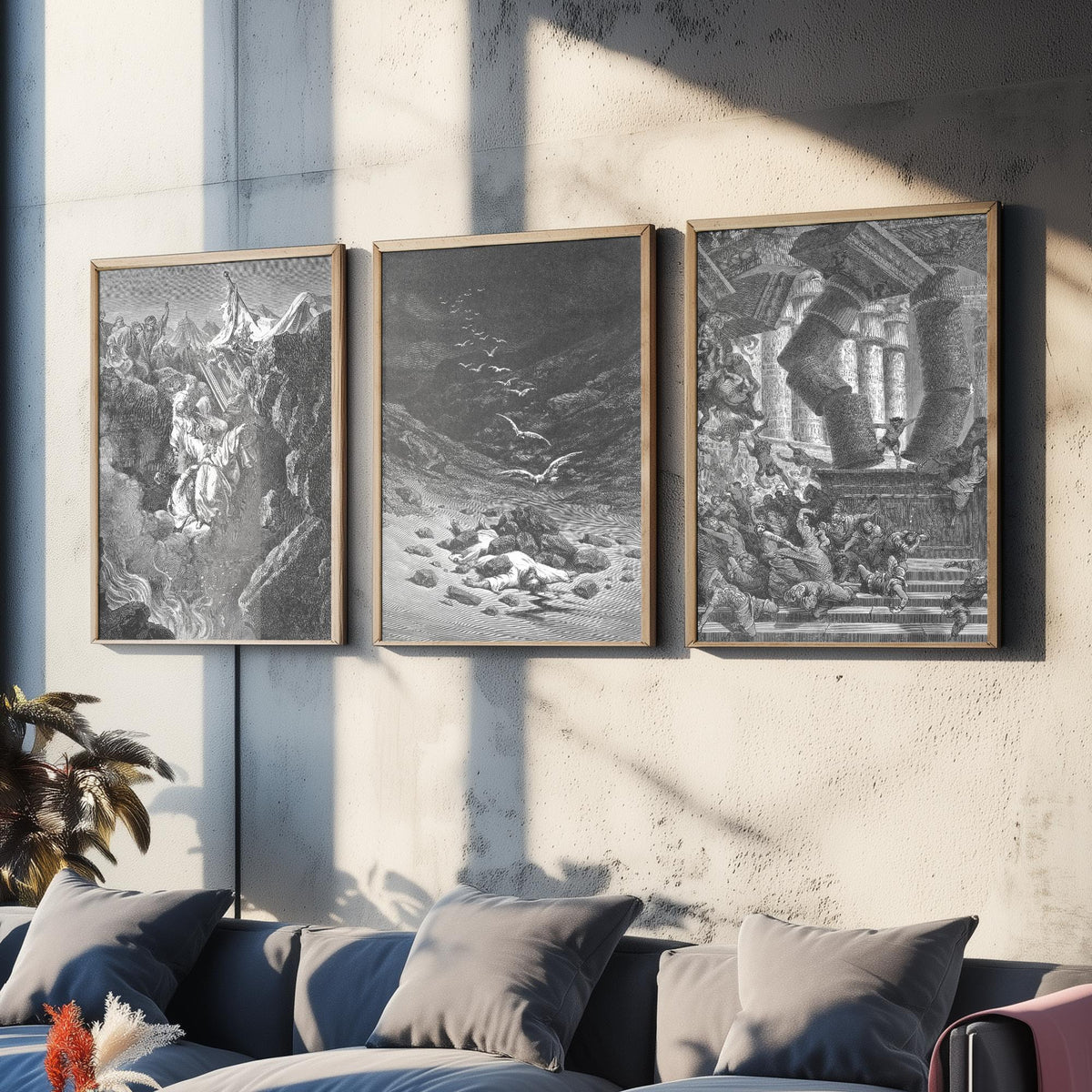 Gustave Dore Set of Three Art Prints - Korah Achan Samson - 3 Bible Engraving Posters - Old Testament Wall Art Gift Giclee Drawing