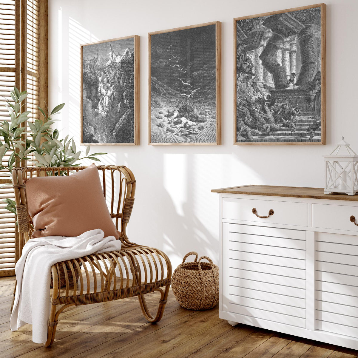Gustave Dore Set of Three Art Prints - Korah Achan Samson - 3 Bible Engraving Posters - Old Testament Wall Art Gift Giclee Drawing