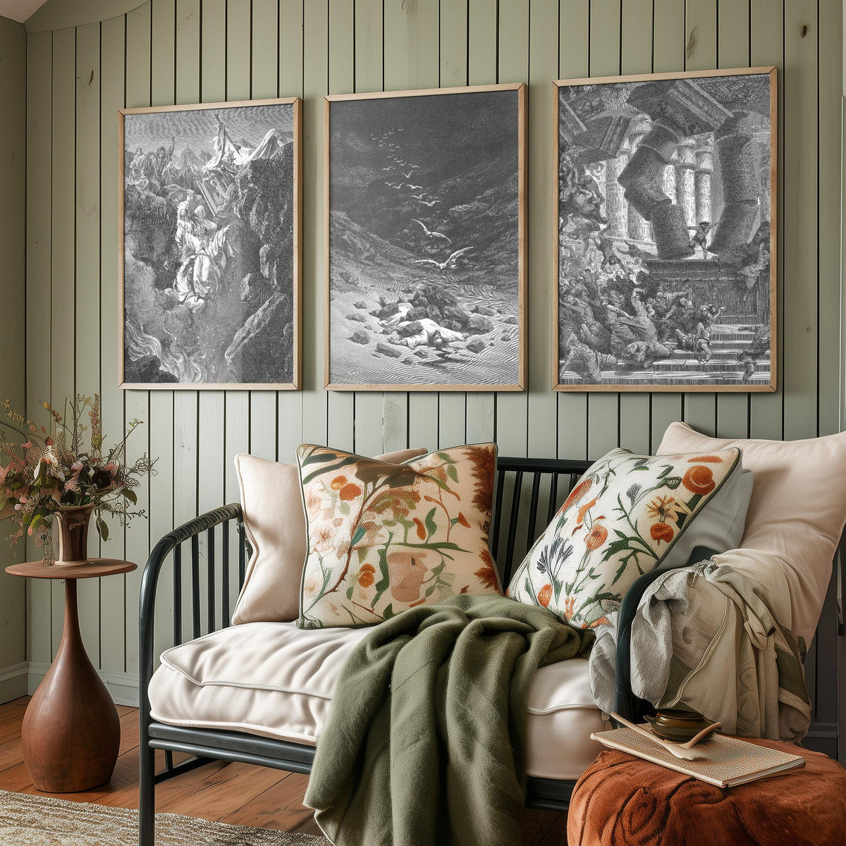 Gustave Dore Set of Three Art Prints - Korah Achan Samson - 3 Bible Engraving Posters - Old Testament Wall Art Gift Giclee Drawing