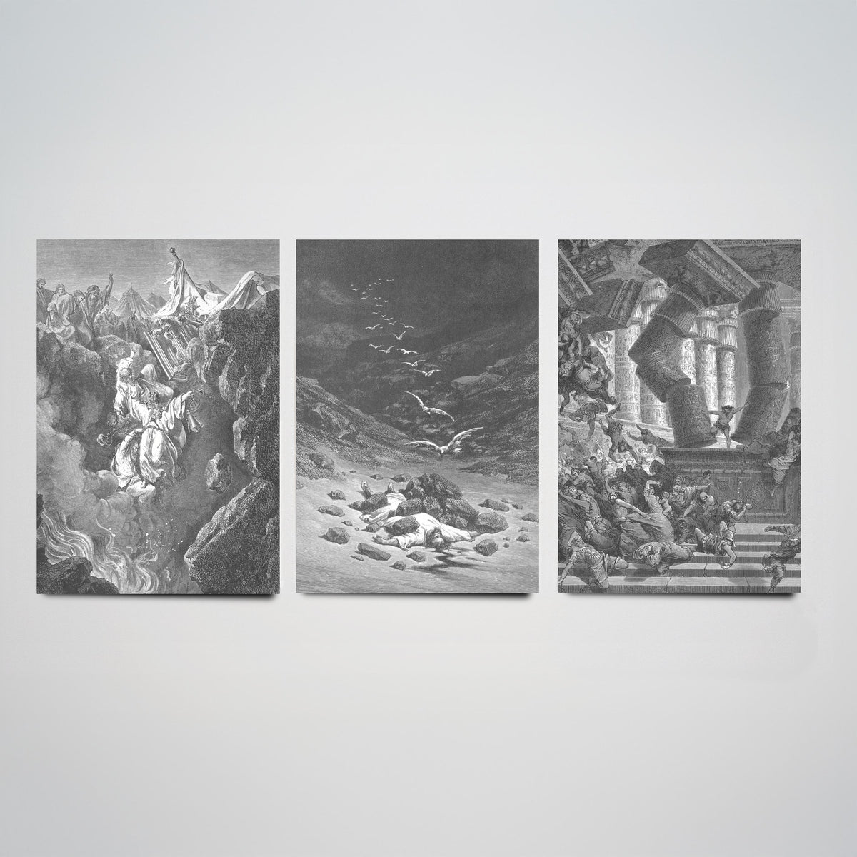 Gustave Dore Set of Three Art Prints - Korah Achan Samson - 3 Bible Engraving Posters - Old Testament Wall Art Gift Giclee Drawing