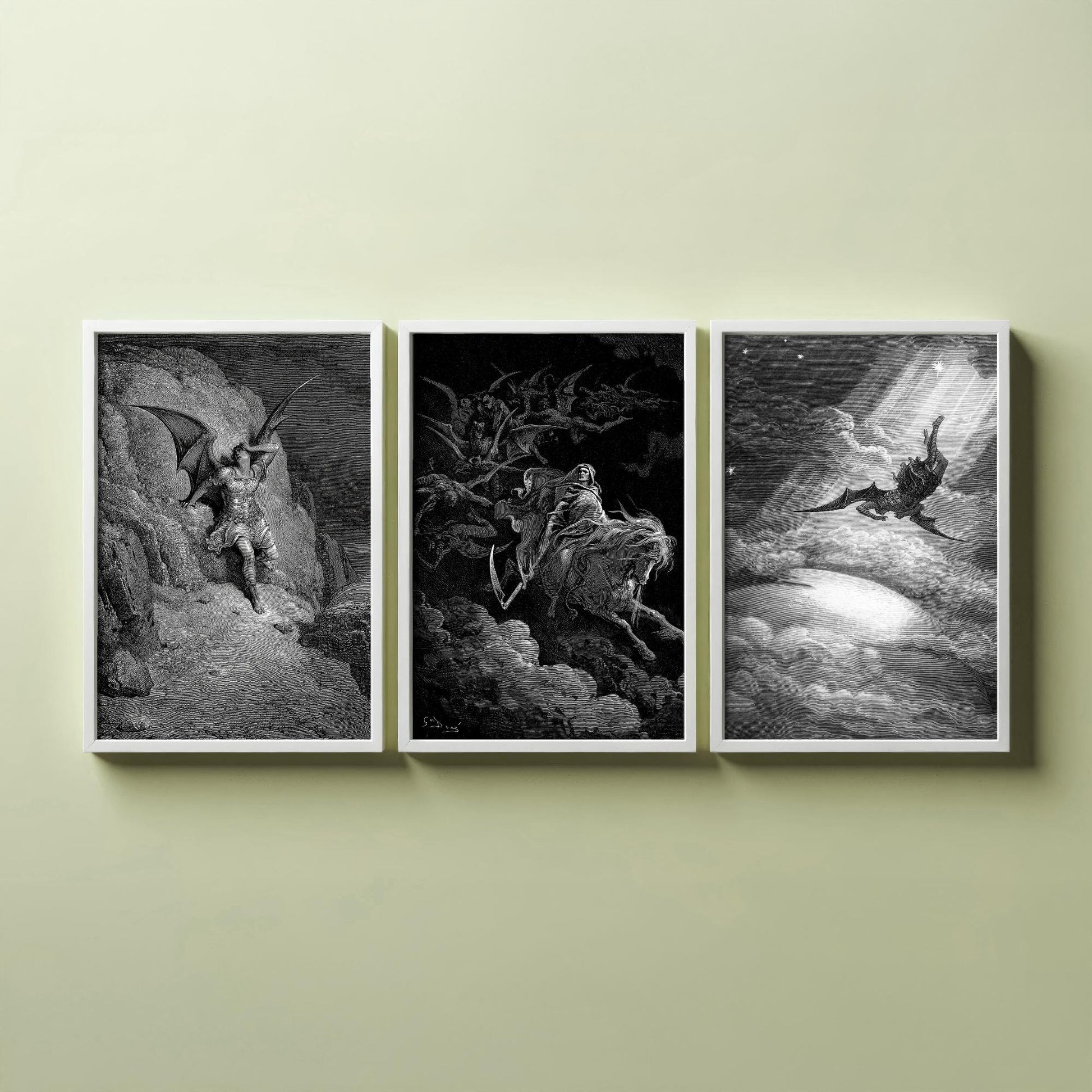 Set of Three Gustave Dore Art Prints - Fall of Satan, Death on the Pale Horse, Satan Descends - 3 Gothic Engraving Posters - Photo Drawing