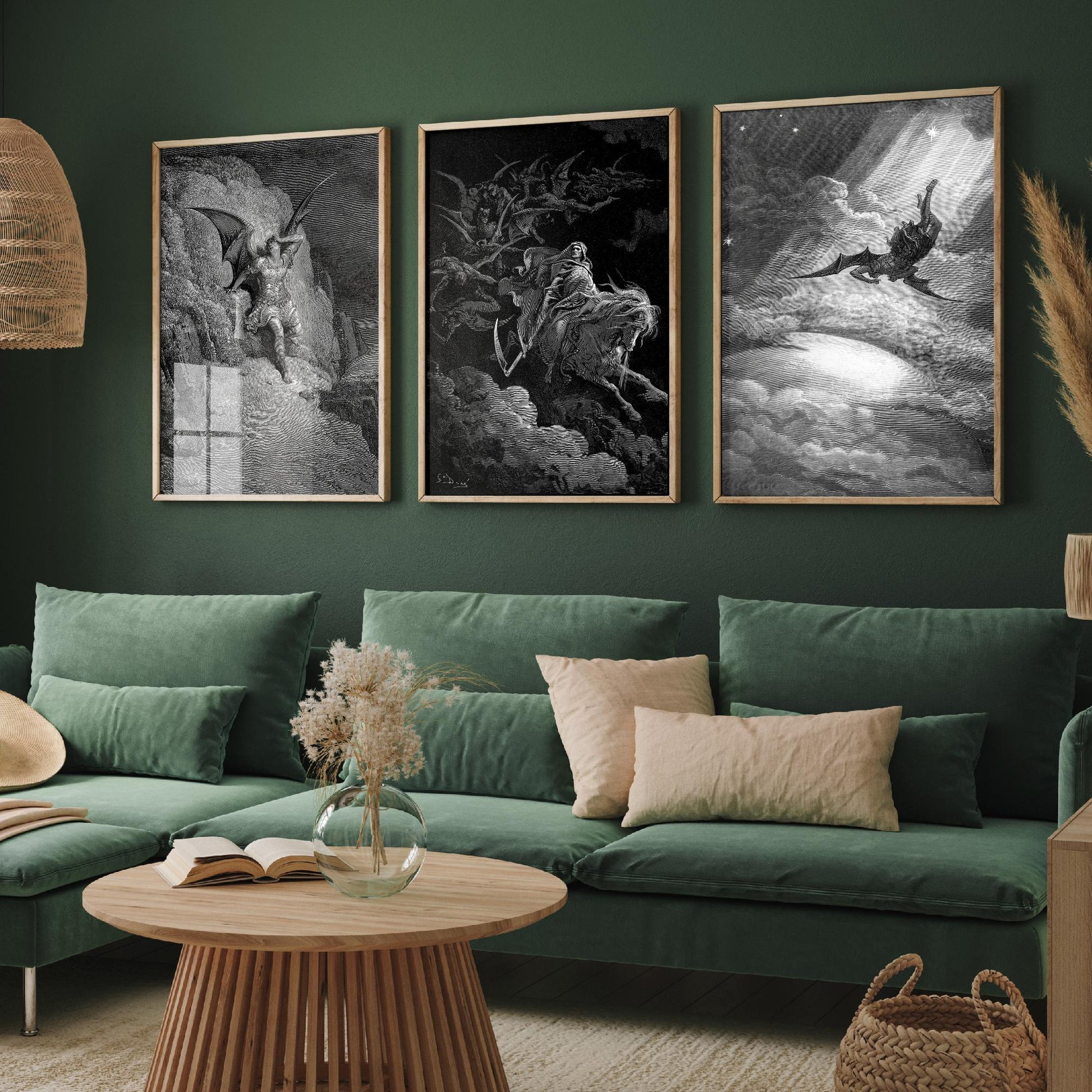 Set of Three Gustave Dore Art Prints - Fall of Satan, Death on the Pale Horse, Satan Descends - 3 Gothic Engraving Posters - Photo Drawing