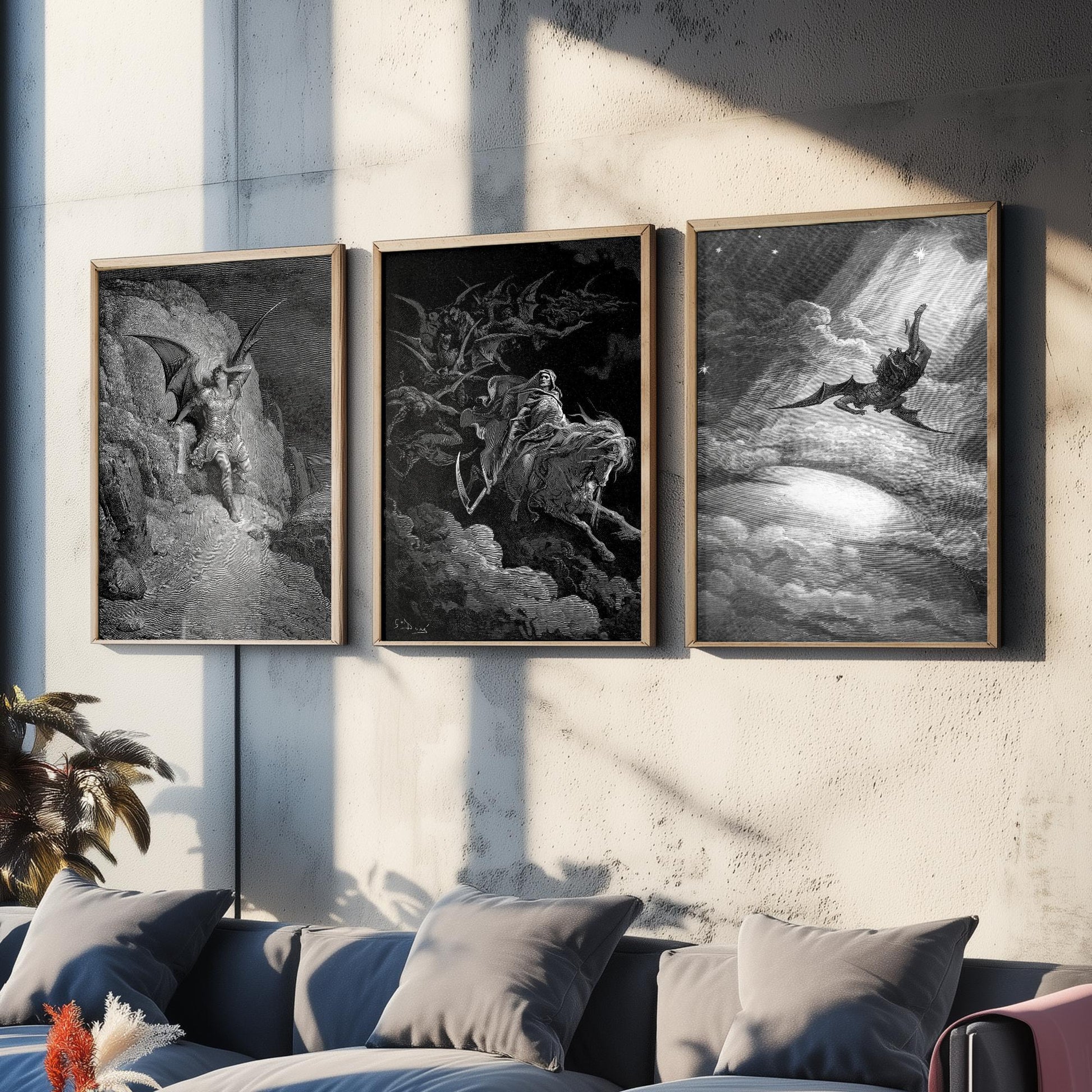 Set of Three Gustave Dore Art Prints - Fall of Satan, Death on the Pale Horse, Satan Descends - 3 Gothic Engraving Posters - Photo Drawing