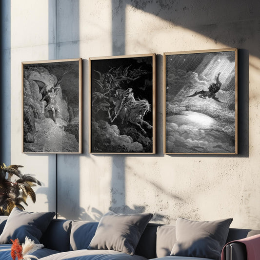 Set of Three Gustave Dore Art Prints - Fall of Satan, Death on the Pale Horse, Satan Descends - 3 Gothic Engraving Posters - Photo Drawing