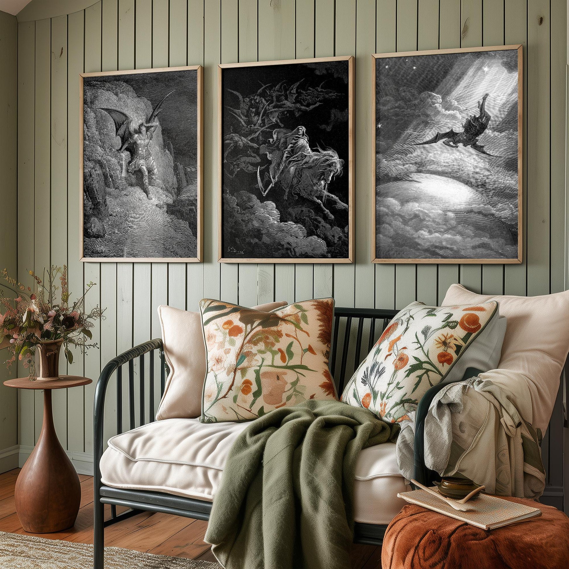 Set of Three Gustave Dore Art Prints - Fall of Satan, Death on the Pale Horse, Satan Descends - 3 Gothic Engraving Posters - Photo Drawing