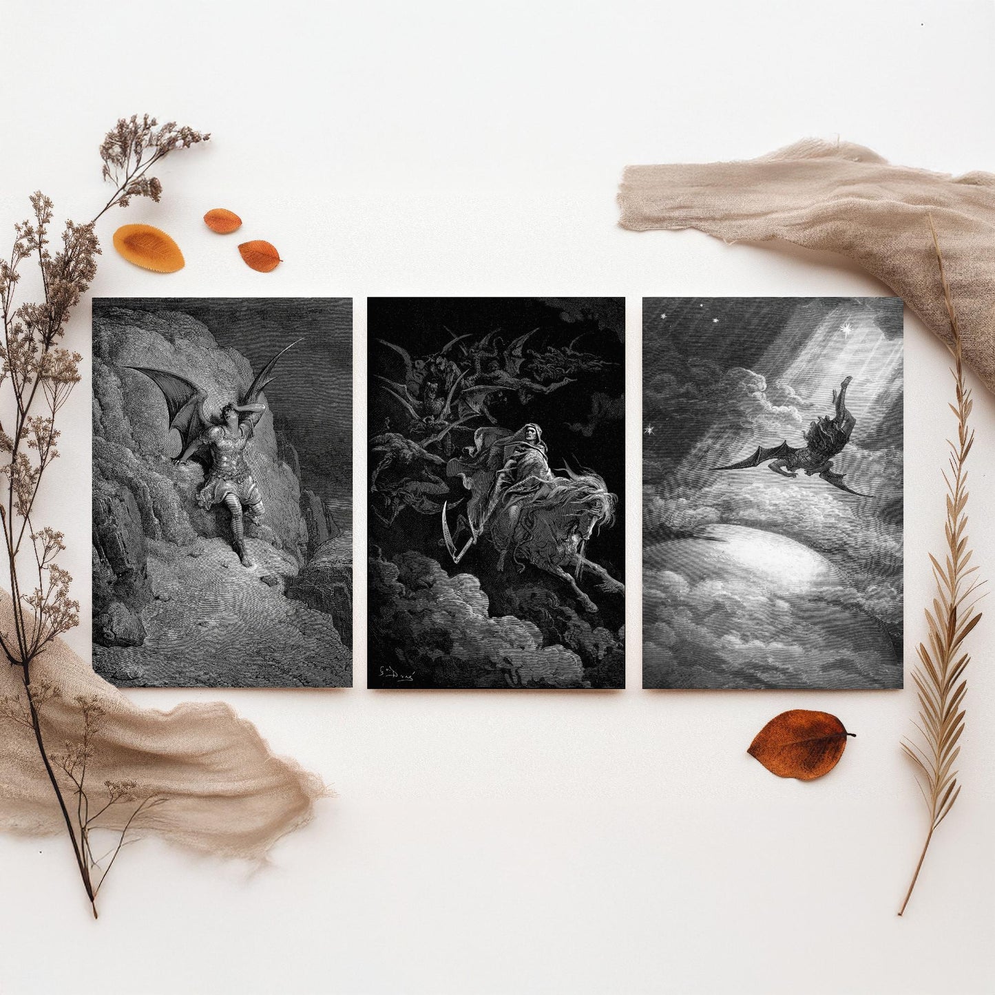 Set of Three Gustave Dore Art Prints - Fall of Satan, Death on the Pale Horse, Satan Descends - 3 Gothic Engraving Posters - Photo Drawing