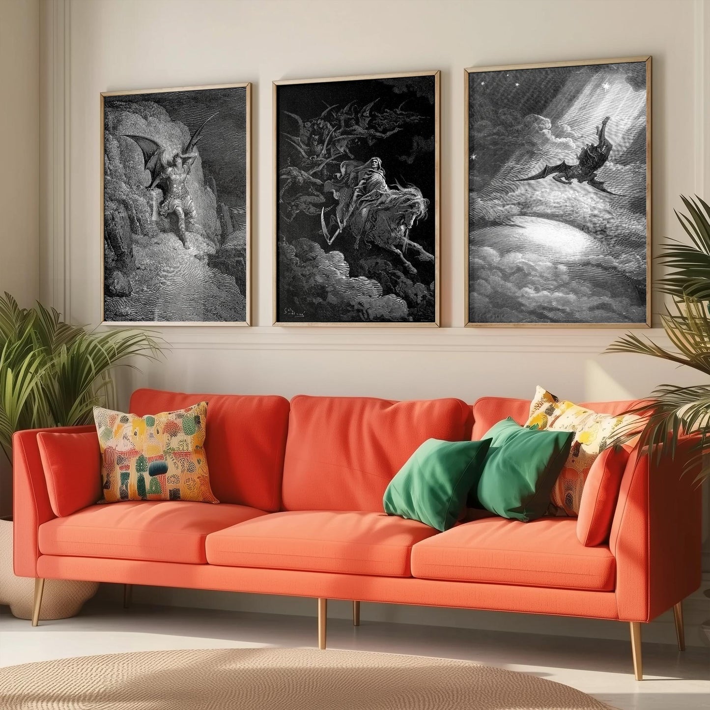 Set of Three Gustave Dore Art Prints - Fall of Satan, Death on the Pale Horse, Satan Descends - 3 Gothic Engraving Posters - Photo Drawing