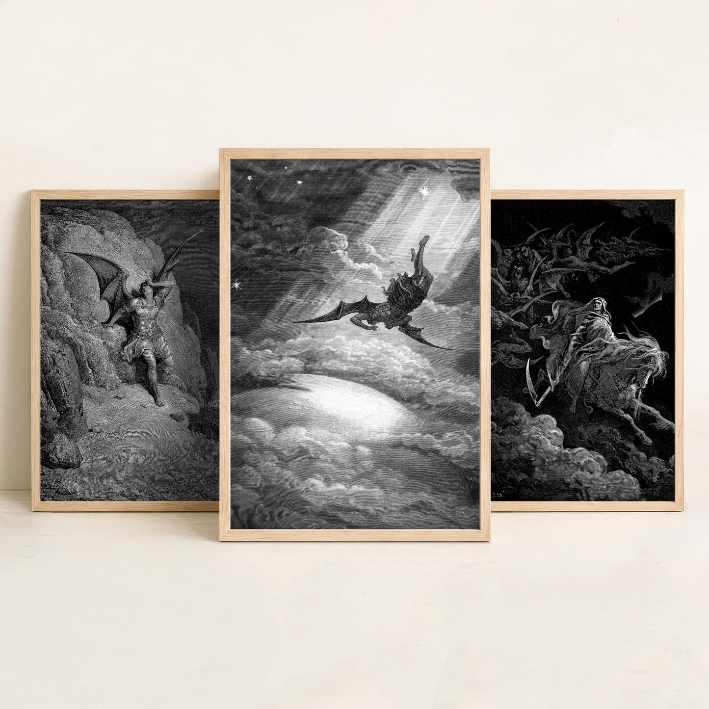 Set of Three Gustave Dore Art Prints - Fall of Satan, Death on the Pale Horse, Satan Descends - 3 Gothic Engraving Posters - Photo Drawing