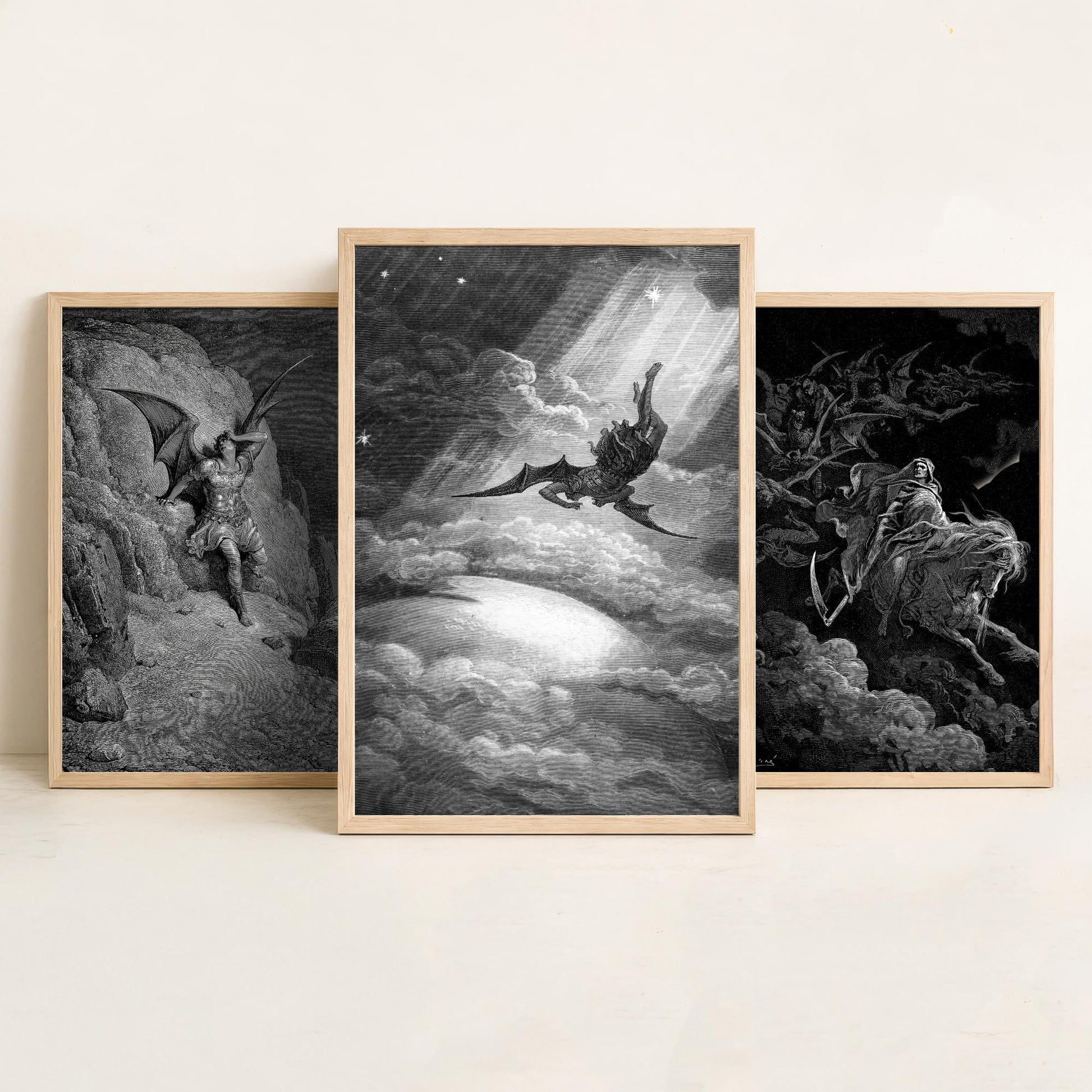 Set of Three Gustave Dore Art Prints - Fall of Satan, Death on the Pale Horse, Satan Descends - 3 Gothic Engraving Posters - Photo Drawing