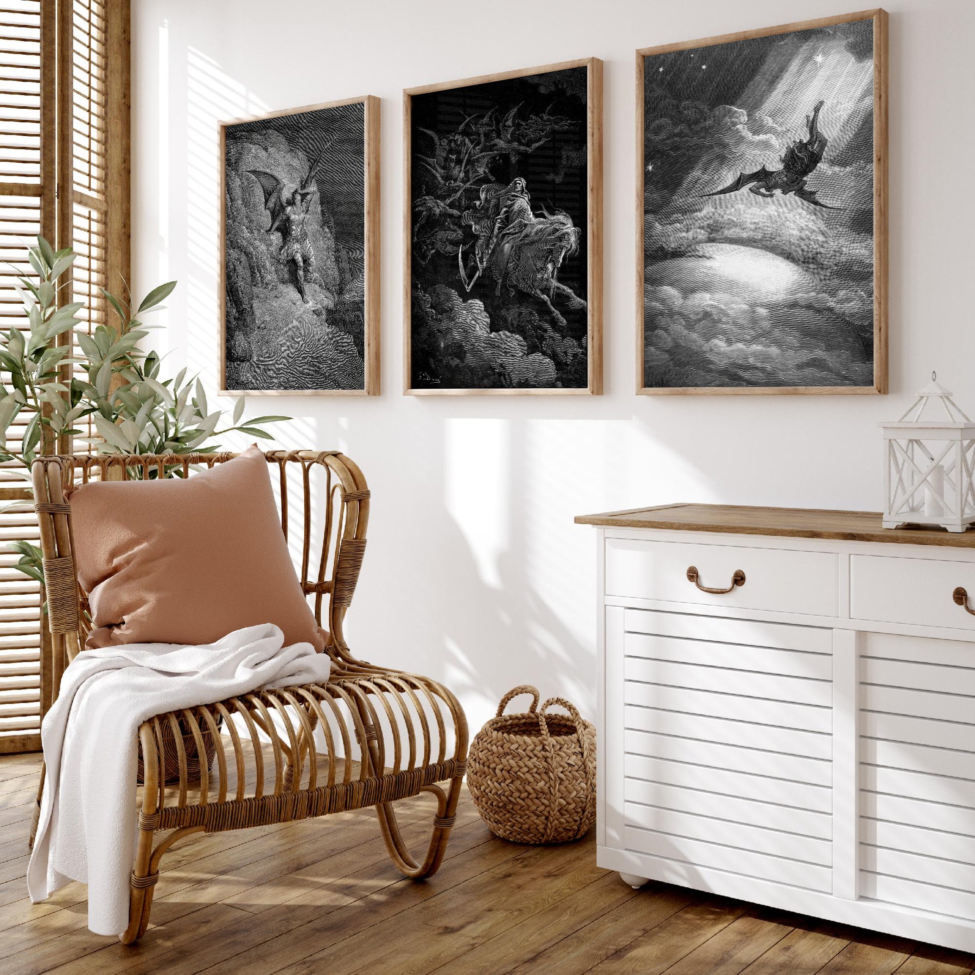 Set of Three Gustave Dore Art Prints - Fall of Satan, Death on the Pale Horse, Satan Descends - 3 Gothic Engraving Posters - Photo Drawing
