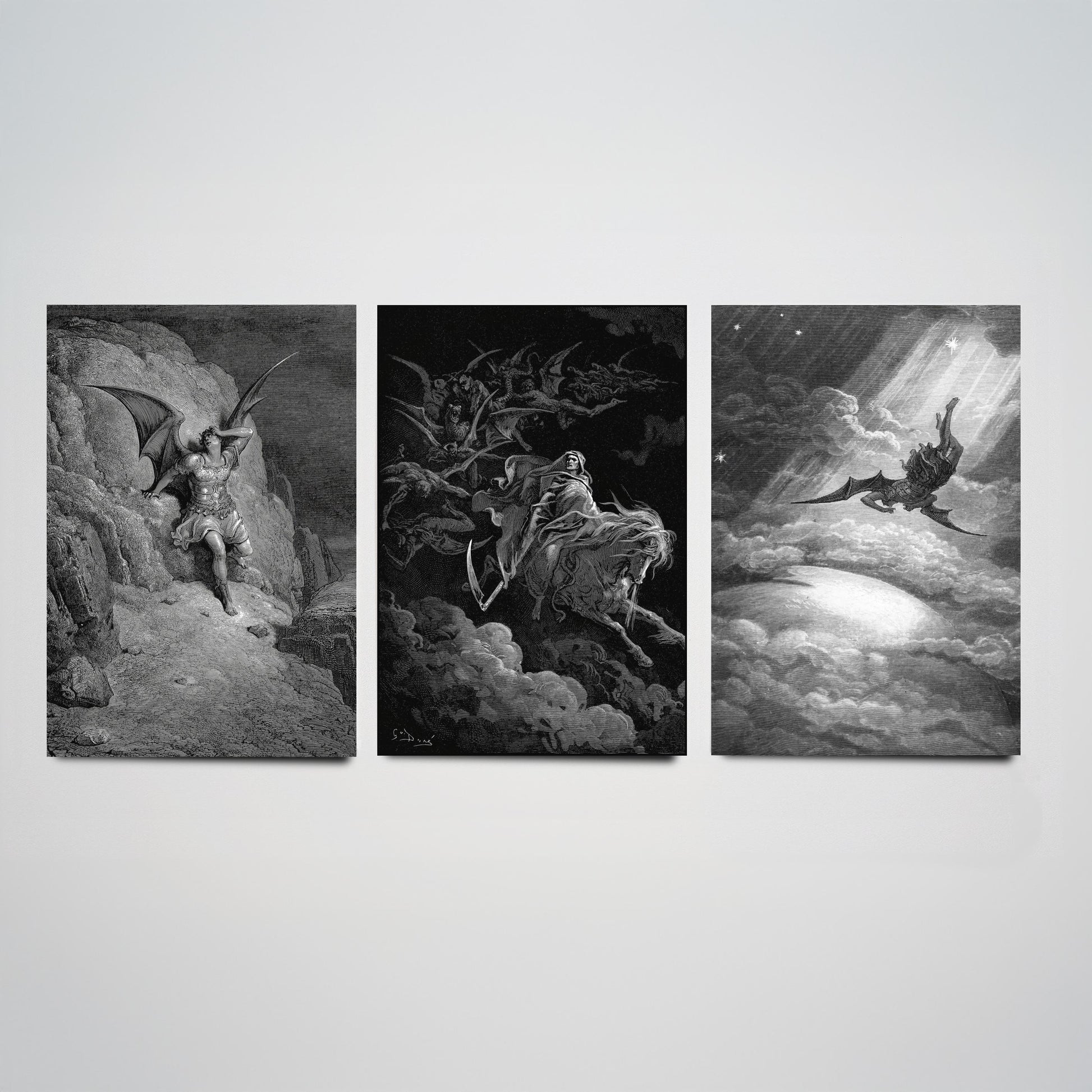 Set of Three Gustave Dore Art Prints - Fall of Satan, Death on the Pale Horse, Satan Descends - 3 Gothic Engraving Posters - Photo Drawing
