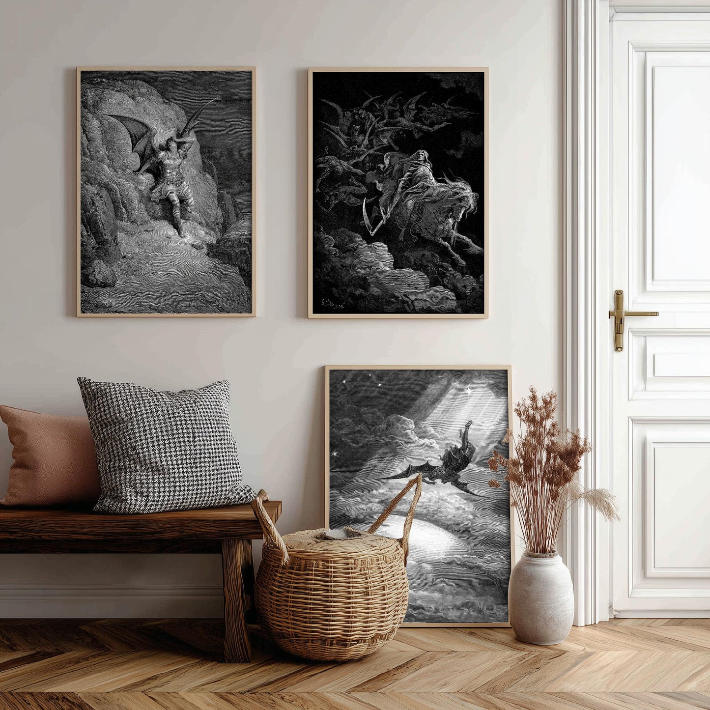 Set of Three Gustave Dore Art Prints - Fall of Satan, Death on the Pale Horse, Satan Descends - 3 Gothic Engraving Posters - Photo Drawing