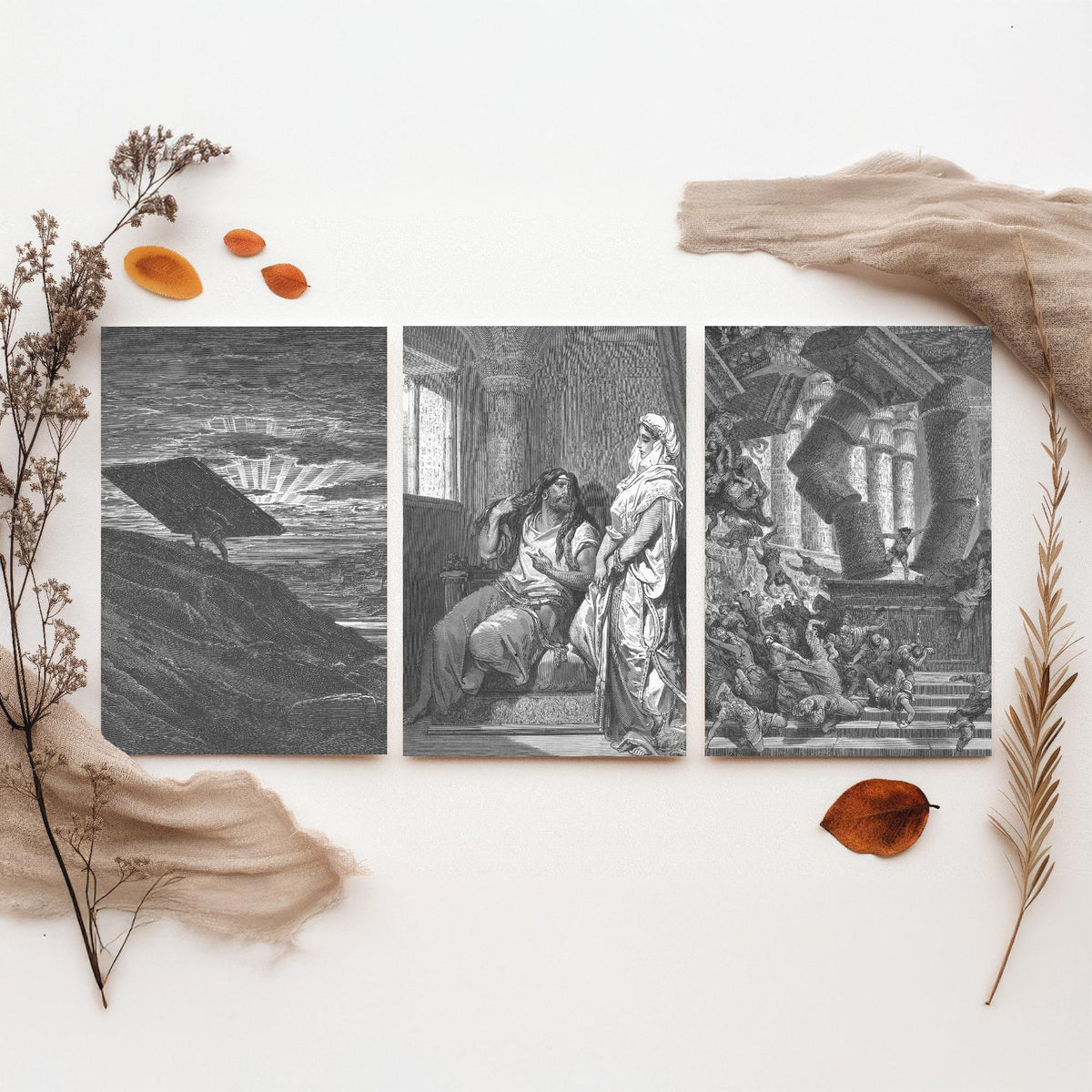 Gustave Dore Set of Three Art Prints - Samson Gaza Delilah Temple - 3 Bible Engraving Posters - Wall Art Gift Giclee Drawing Story
