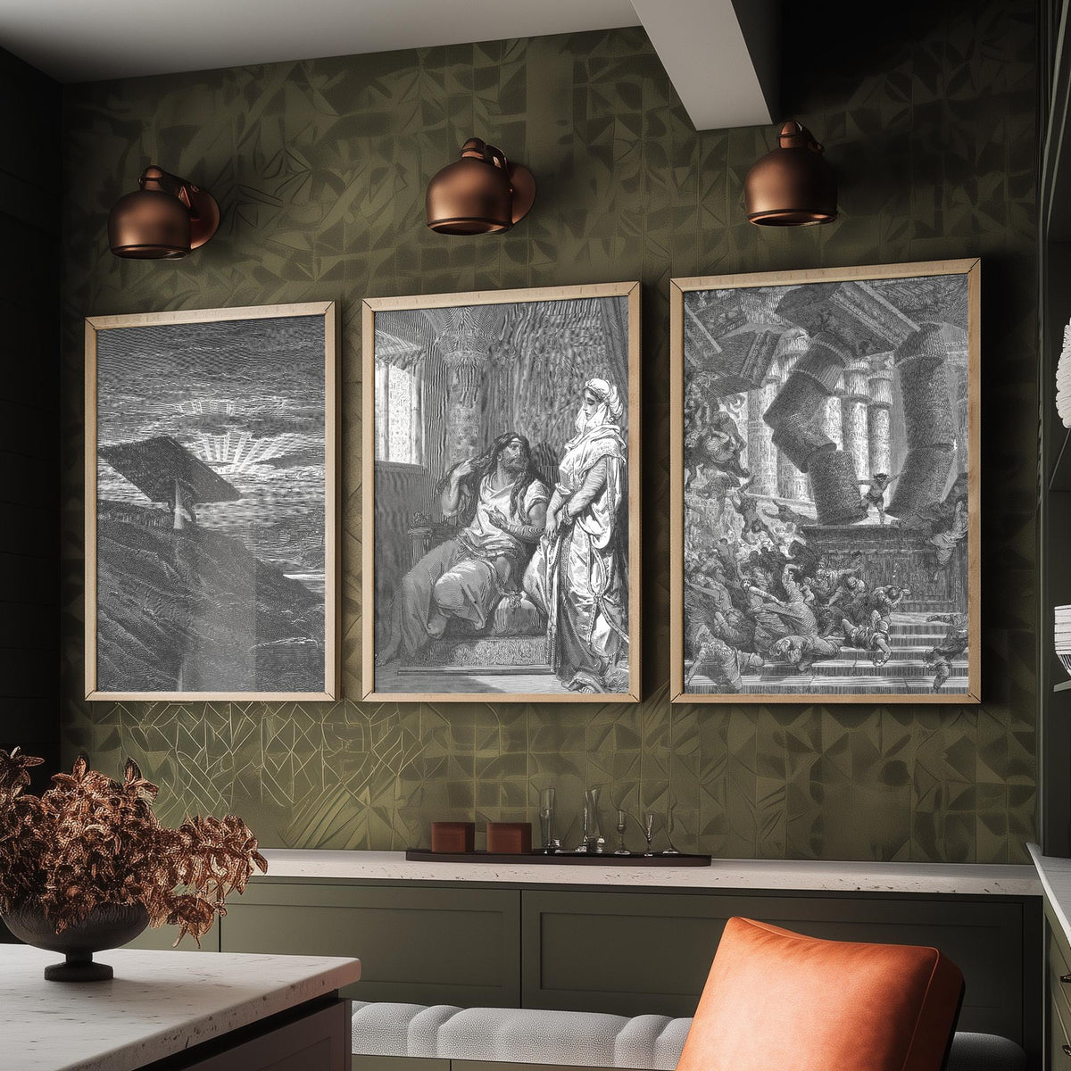 Gustave Dore Set of Three Art Prints - Samson Gaza Delilah Temple - 3 Bible Engraving Posters - Wall Art Gift Giclee Drawing Story