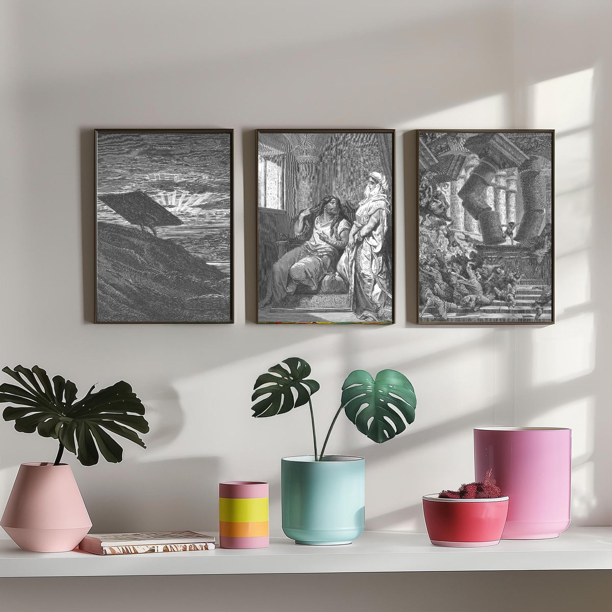 Gustave Dore Set of Three Art Prints - Samson Gaza Delilah Temple - 3 Bible Engraving Posters - Wall Art Gift Giclee Drawing Story