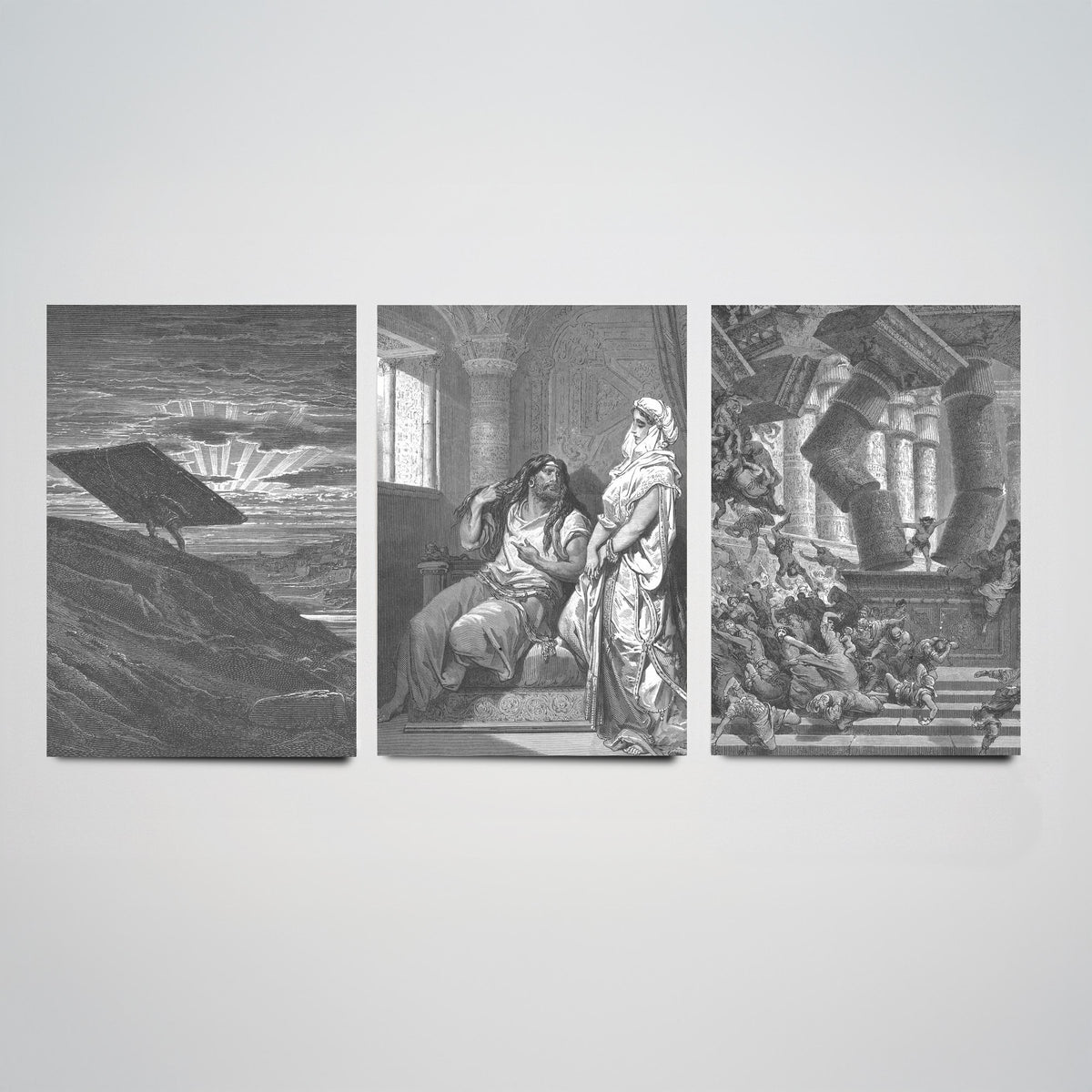 Gustave Dore Set of Three Art Prints - Samson Gaza Delilah Temple - 3 Bible Engraving Posters - Wall Art Gift Giclee Drawing Story