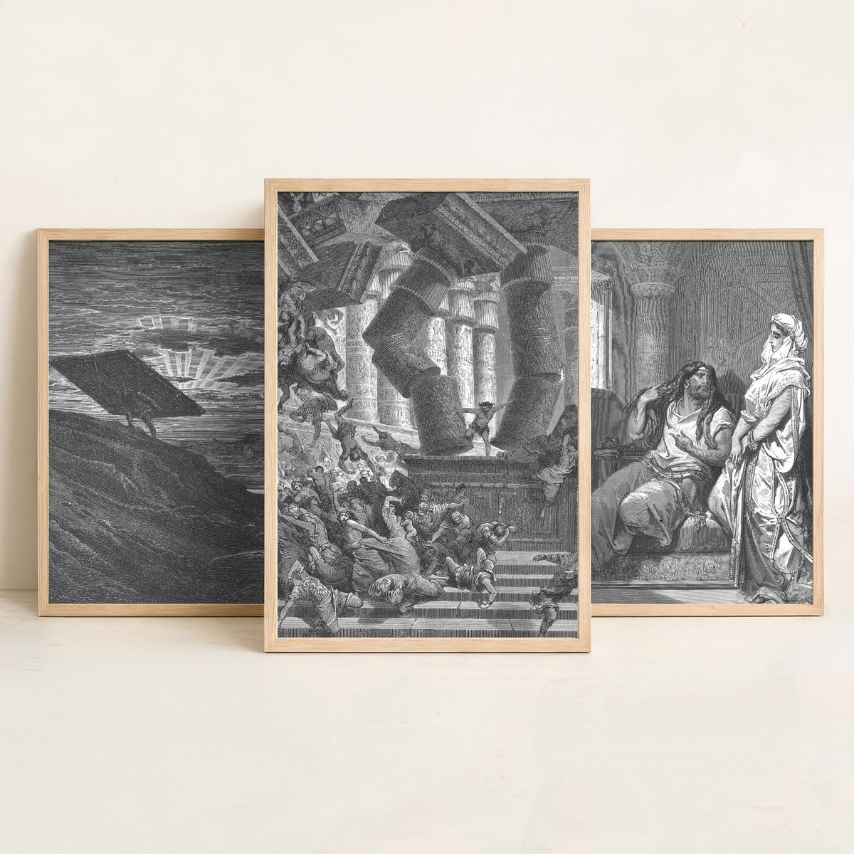 Gustave Dore Set of Three Art Prints - Samson Gaza Delilah Temple - 3 Bible Engraving Posters - Wall Art Gift Giclee Drawing Story