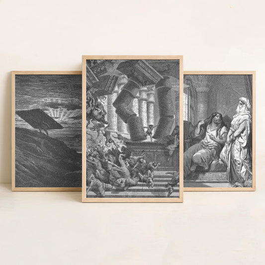 Gustave Dore Set of Three Art Prints - Samson Gaza Delilah Temple - 3 Bible Engraving Posters - Wall Art Gift Giclee Drawing Story