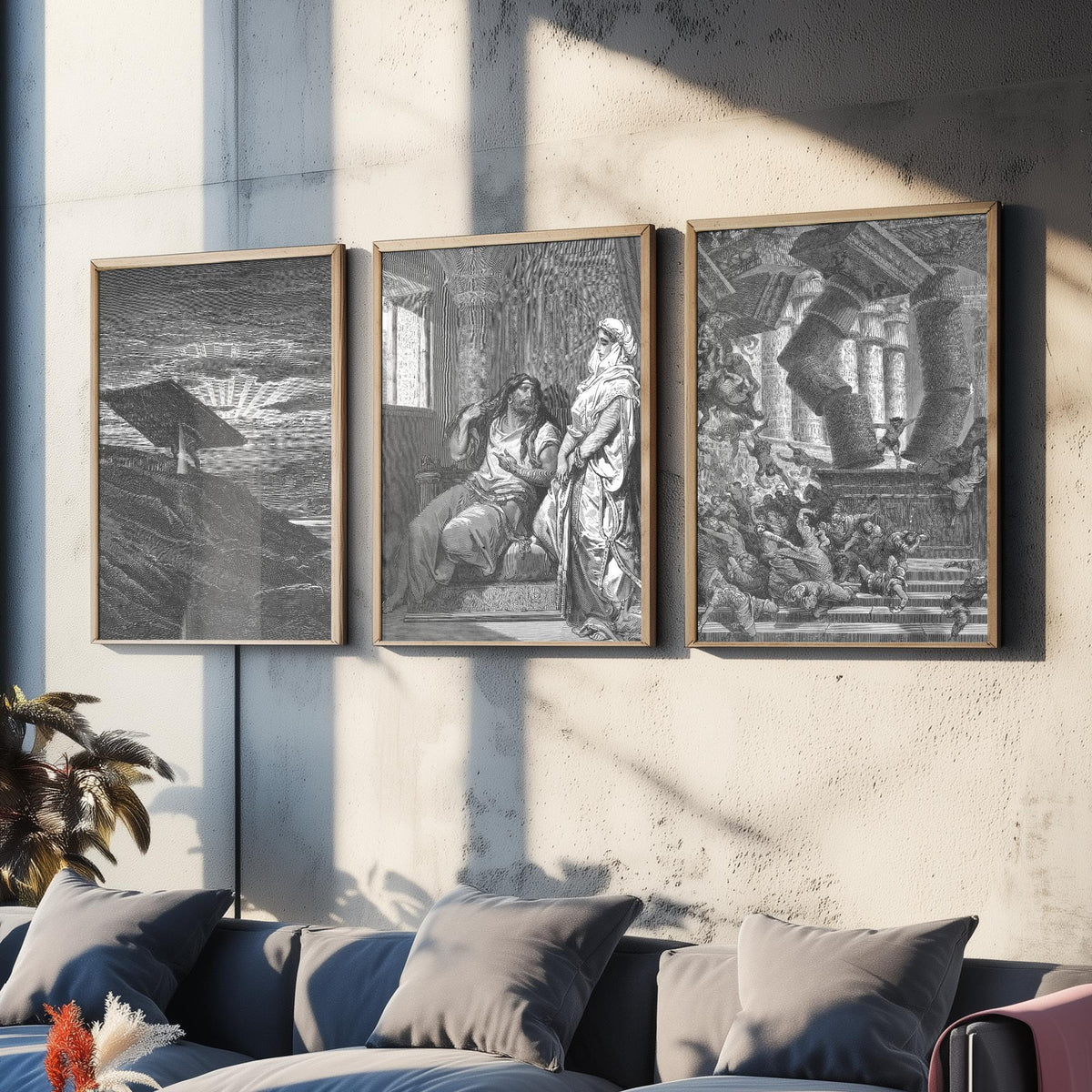 Gustave Dore Set of Three Art Prints - Samson Gaza Delilah Temple - 3 Bible Engraving Posters - Wall Art Gift Giclee Drawing Story