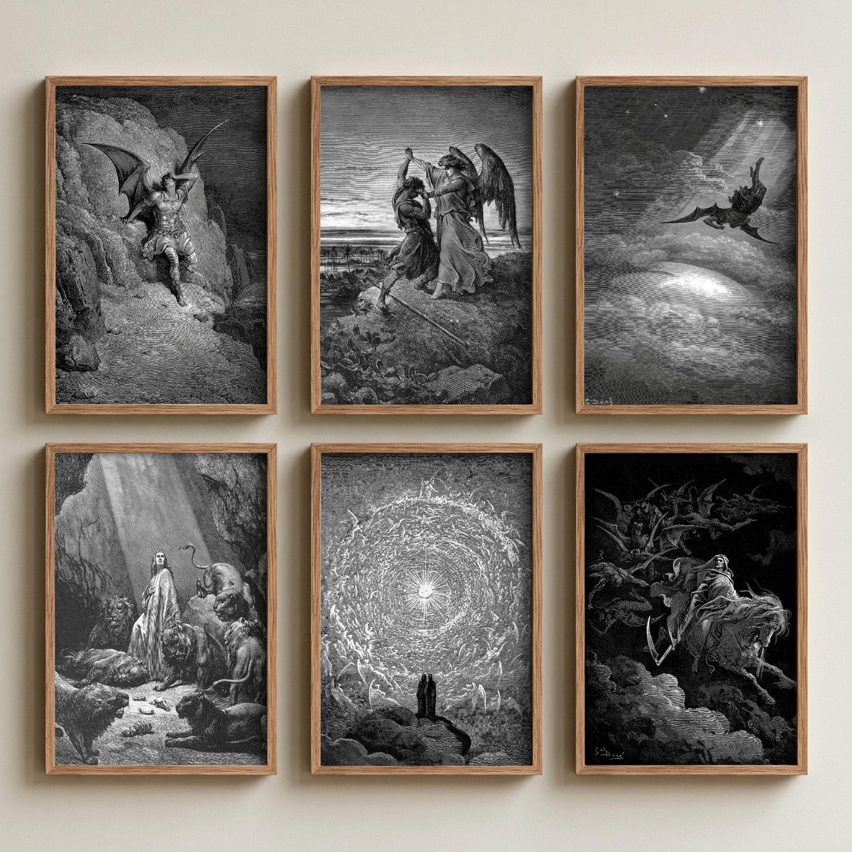 Set of Six Gustave Dore Art Prints - 6 Engraving Posters - Satan, Jacob and the Angel, Daniel, Death on a Pale Horse, Paradise Drawing
