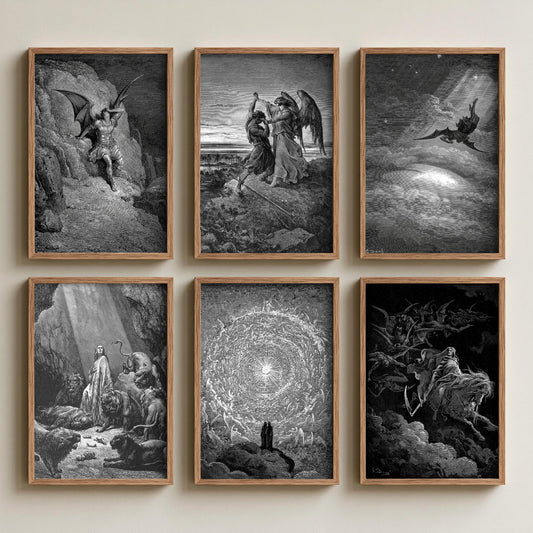 Set of Six Gustave Dore Art Prints - 6 Engraving Posters - Satan, Jacob and the Angel, Daniel, Death on a Pale Horse, Paradise Drawing