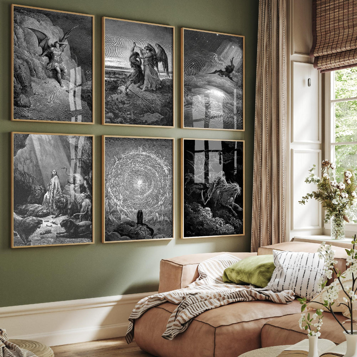 Set of Six Gustave Dore Art Prints - 6 Engraving Posters - Satan, Jacob and the Angel, Daniel, Death on a Pale Horse, Paradise Drawing