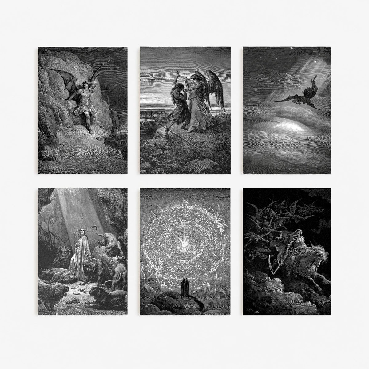 Set of Six Gustave Dore Art Prints - 6 Engraving Posters - Satan, Jacob and the Angel, Daniel, Death on a Pale Horse, Paradise Drawing
