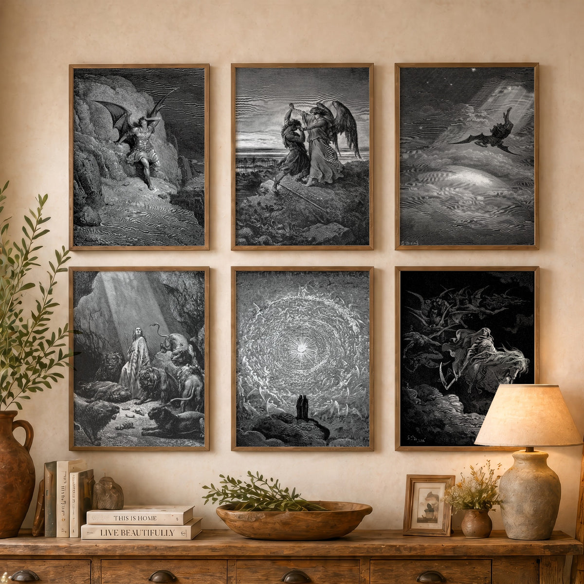 Set of Six Gustave Dore Art Prints - 6 Engraving Posters - Satan, Jacob and the Angel, Daniel, Death on a Pale Horse, Paradise Drawing