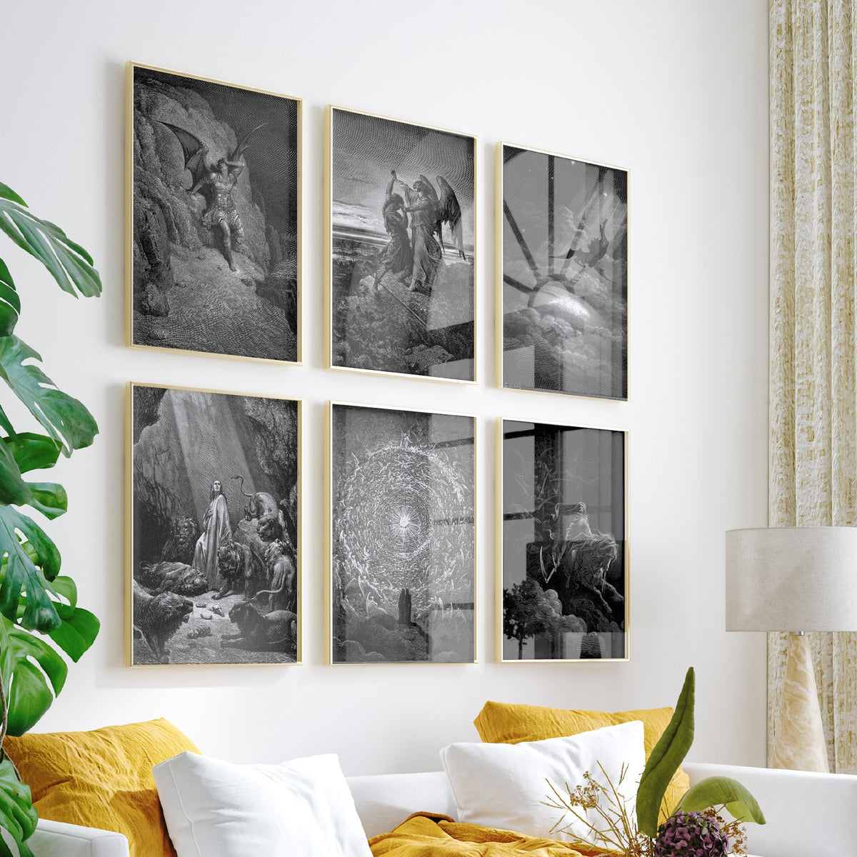 Set of Six Gustave Dore Art Prints - 6 Engraving Posters - Satan, Jacob and the Angel, Daniel, Death on a Pale Horse, Paradise Drawing