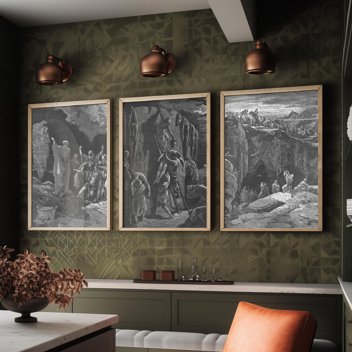 Gustave Dore Set of Three Art Prints - Saul Witch of Endor David - 3 Bible Engraving Posters - Wall Art Gift Giclee Drawing Story