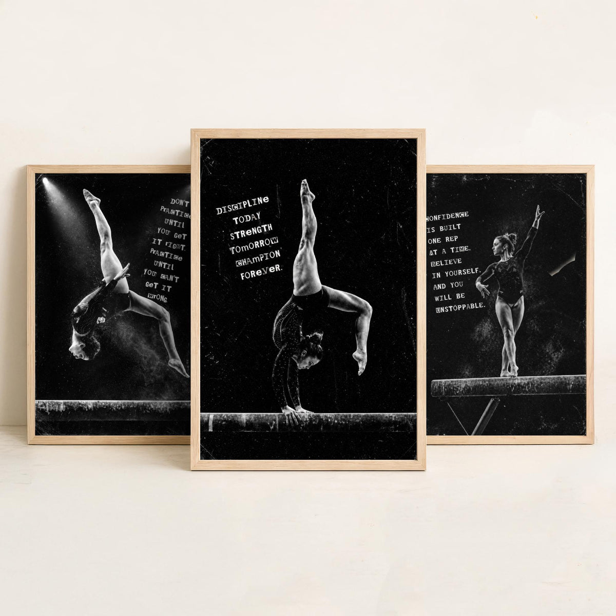Gymnastics Set of Three Art Prints - 3 Motivational Quote Posters - Black White Photo Wall Art Gift Gymnast Girl Bedroom Decor