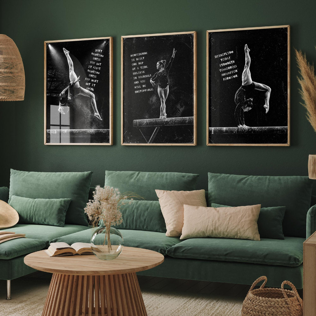 Gymnastics Set of Three Art Prints - 3 Motivational Quote Posters - Black White Photo Wall Art Gift Gymnast Girl Bedroom Decor