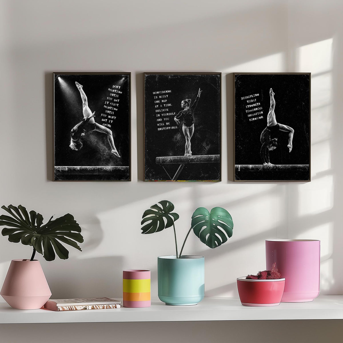Gymnastics Set of Three Art Prints - 3 Motivational Quote Posters - Black White Photo Wall Art Gift Gymnast Girl Bedroom Decor