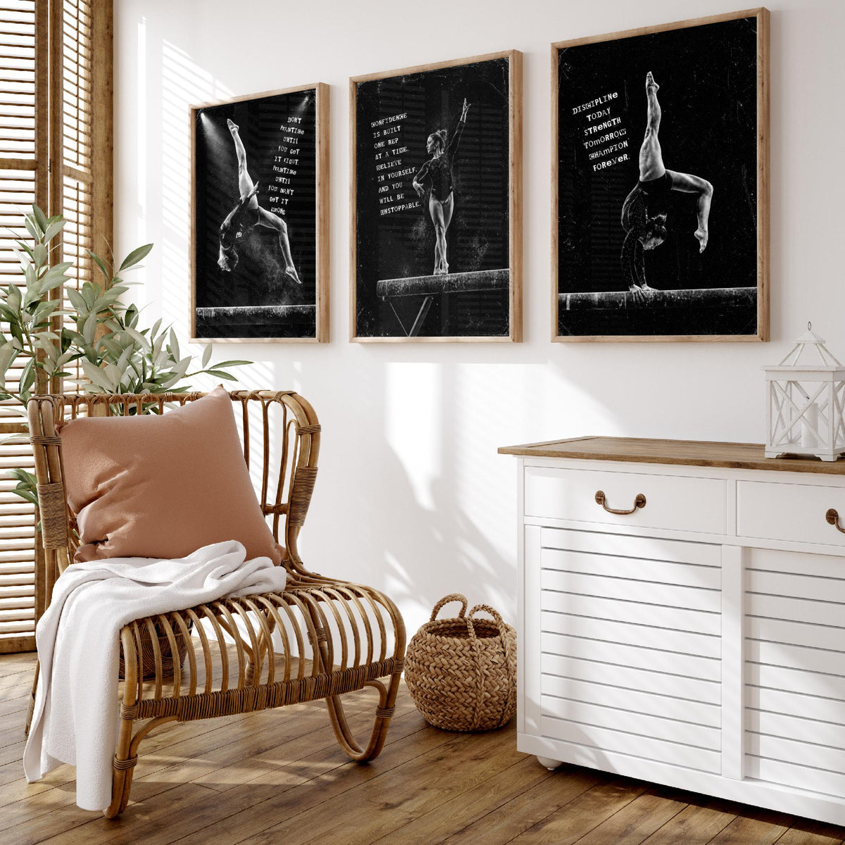 Gymnastics Set of Three Art Prints - 3 Motivational Quote Posters - Black White Photo Wall Art Gift Gymnast Girl Bedroom Decor