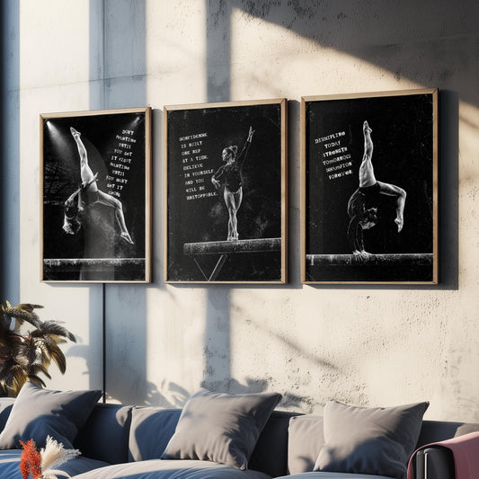 Gymnastics Set of Three Art Prints - 3 Motivational Quote Posters - Black White Photo Wall Art Gift Gymnast Girl Bedroom Decor
