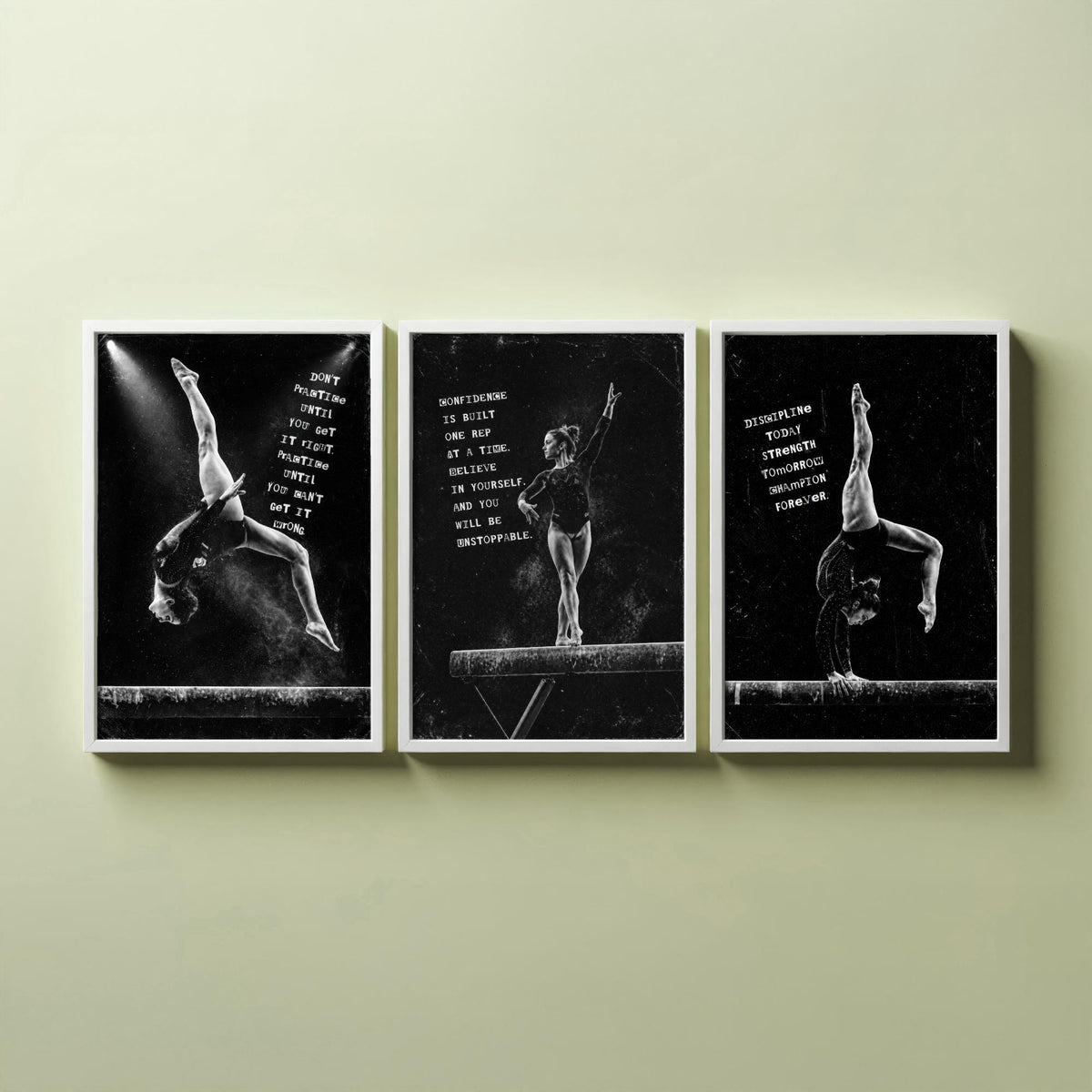 Gymnastics Set of Three Art Prints - 3 Motivational Quote Posters - Black White Photo Wall Art Gift Gymnast Girl Bedroom Decor