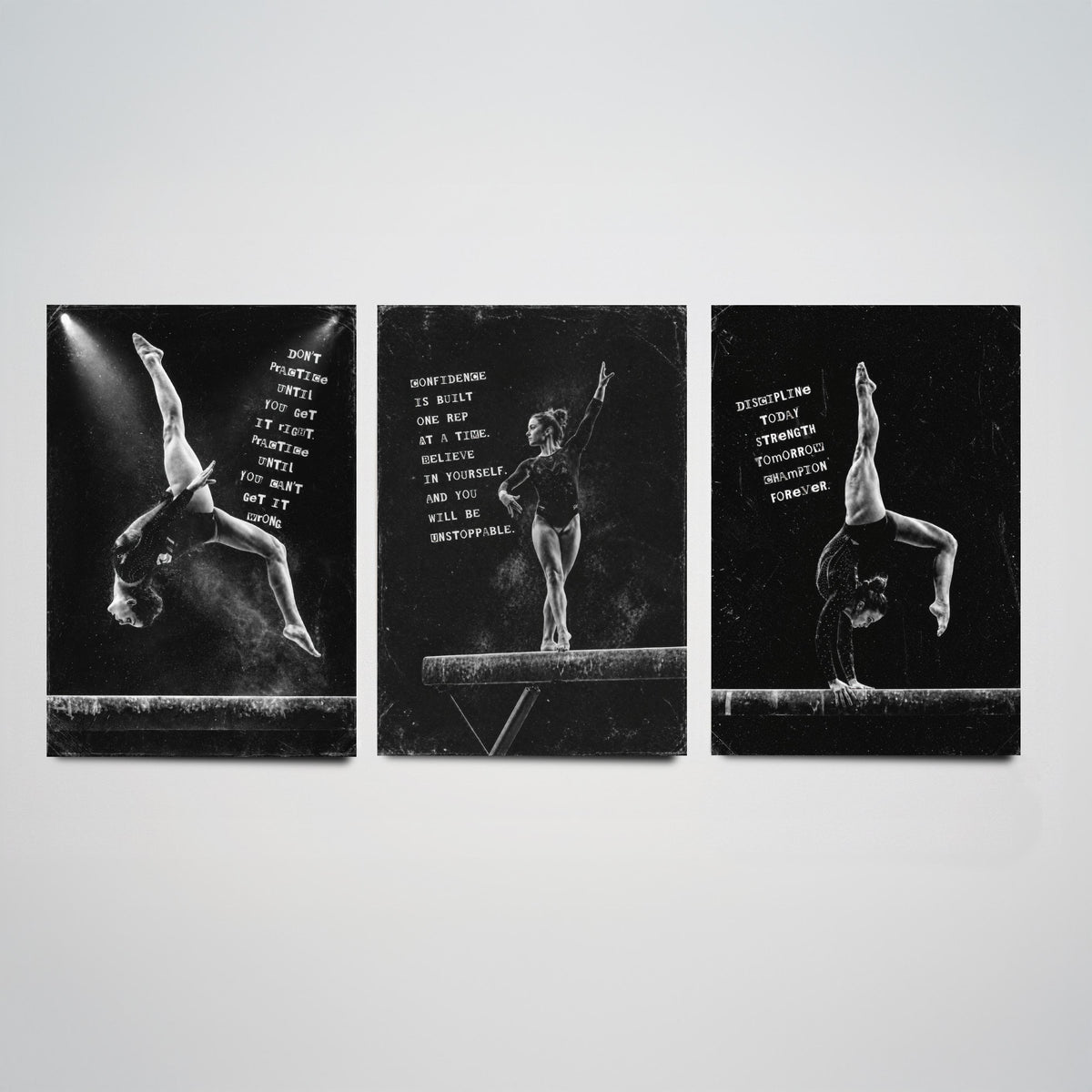 Gymnastics Set of Three Art Prints - 3 Motivational Quote Posters - Black White Photo Wall Art Gift Gymnast Girl Bedroom Decor