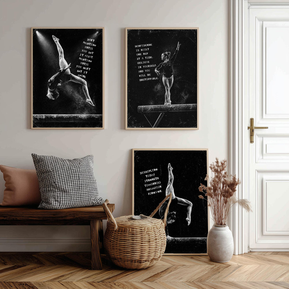 Gymnastics Set of Three Art Prints - 3 Motivational Quote Posters - Black White Photo Wall Art Gift Gymnast Girl Bedroom Decor