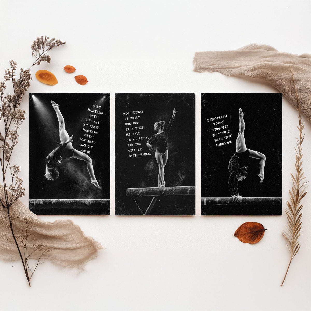 Gymnastics Set of Three Art Prints - 3 Motivational Quote Posters - Black White Photo Wall Art Gift Gymnast Girl Bedroom Decor