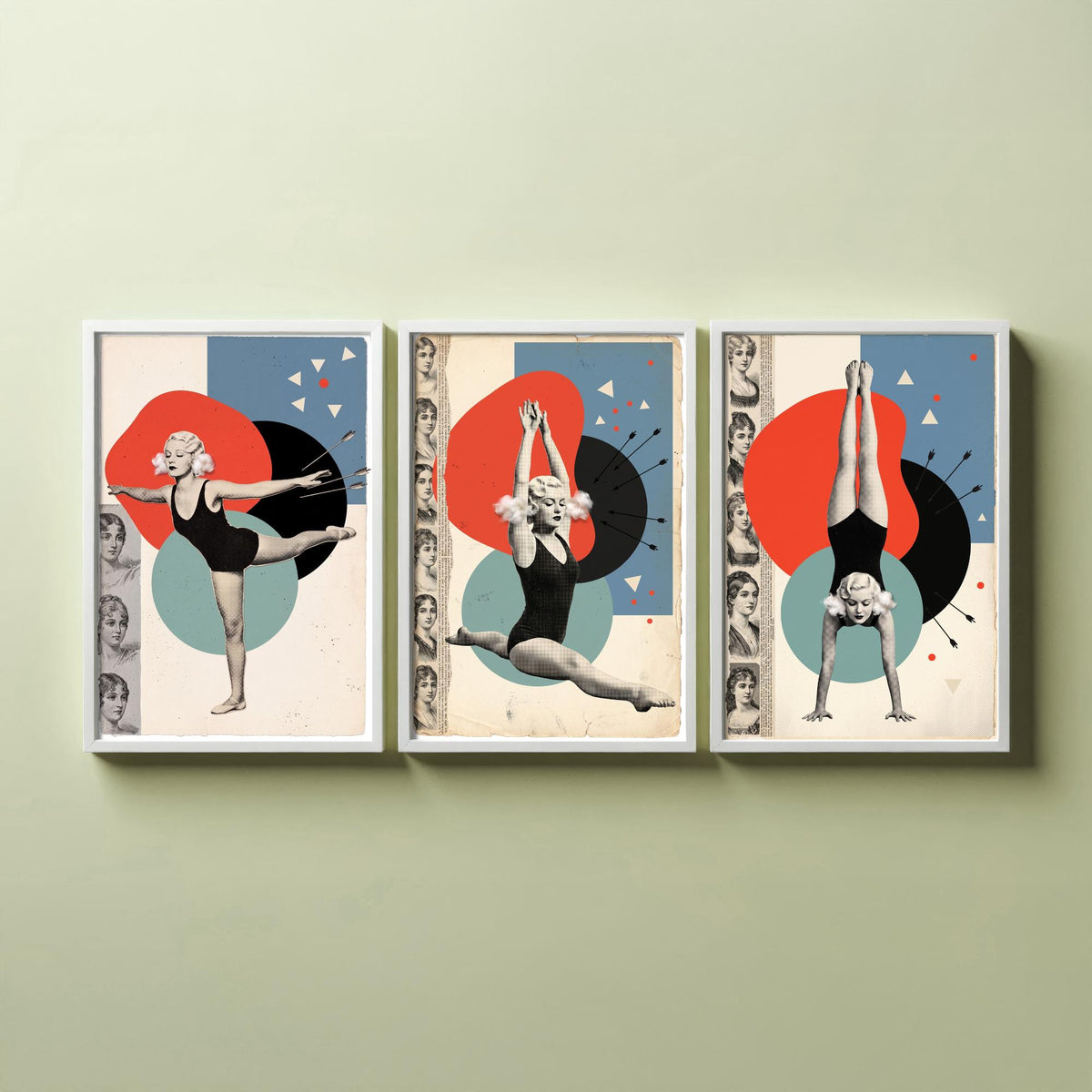 Vintage Gymnast Set of Three Art Prints - Arabesque, Leap and Handstand - Red and Teal Dada Collage Illustration Posters