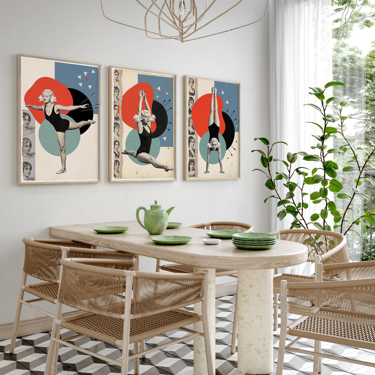 Vintage Gymnast Set of Three Art Prints - Arabesque, Leap and Handstand - Red and Teal Dada Collage Illustration Posters