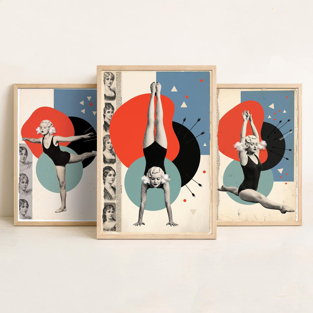 Vintage Gymnast Set of Three Art Prints - Arabesque, Leap and Handstand - Red and Teal Dada Collage Illustration Posters